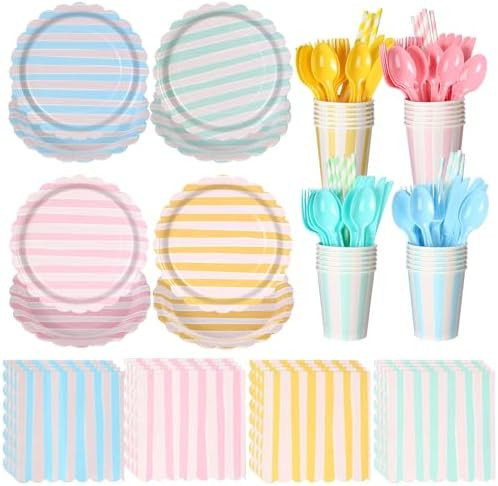 220 Pcs 24 Guests Pastel Stripe Party Decoration Supplies, 7 and 9 Inch Pastel Disposable Paper P... | Amazon (US)