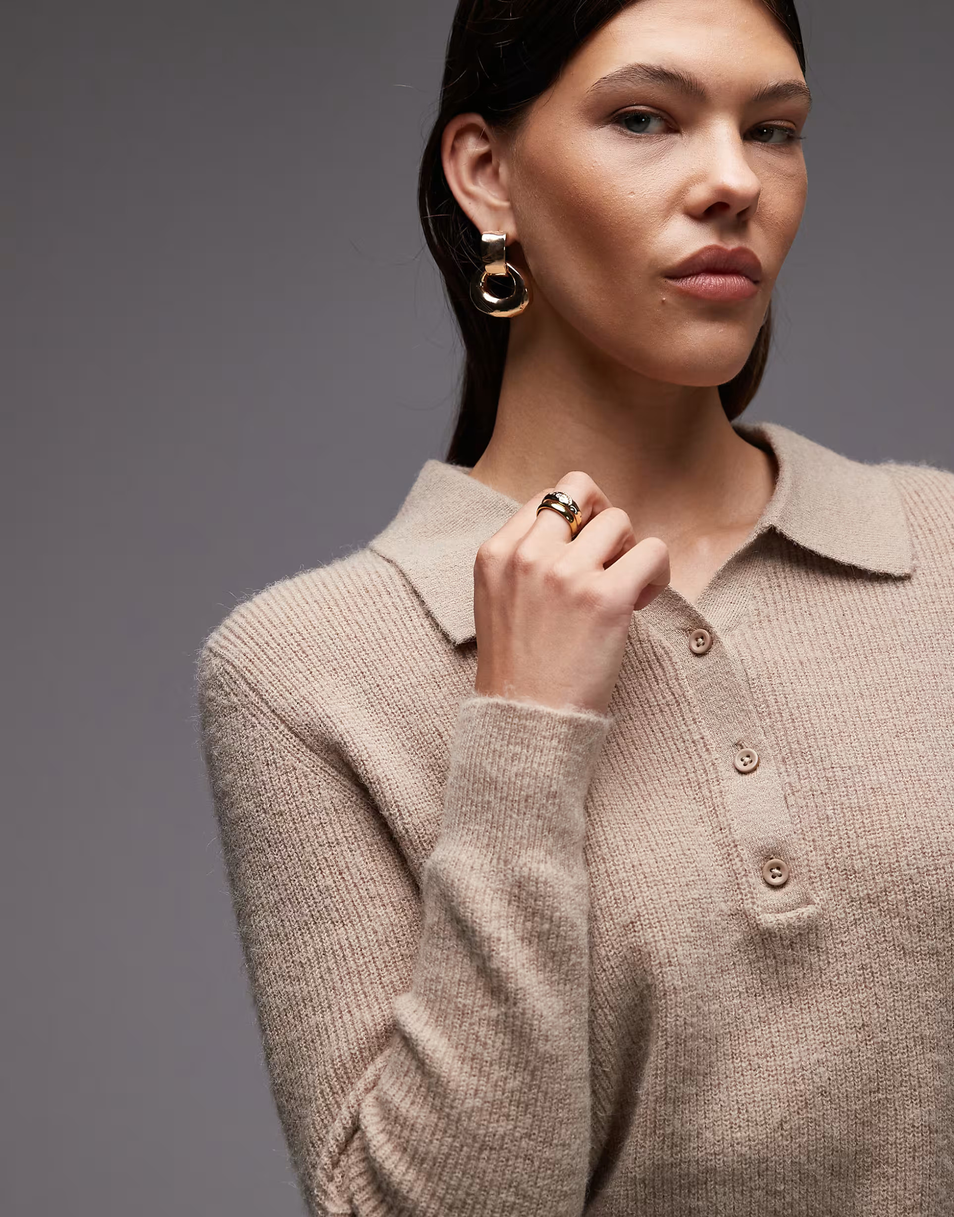 ASOS DESIGN knitted loose knit collar henley jumper in oatmeal | ASOS | ASOS (Global)