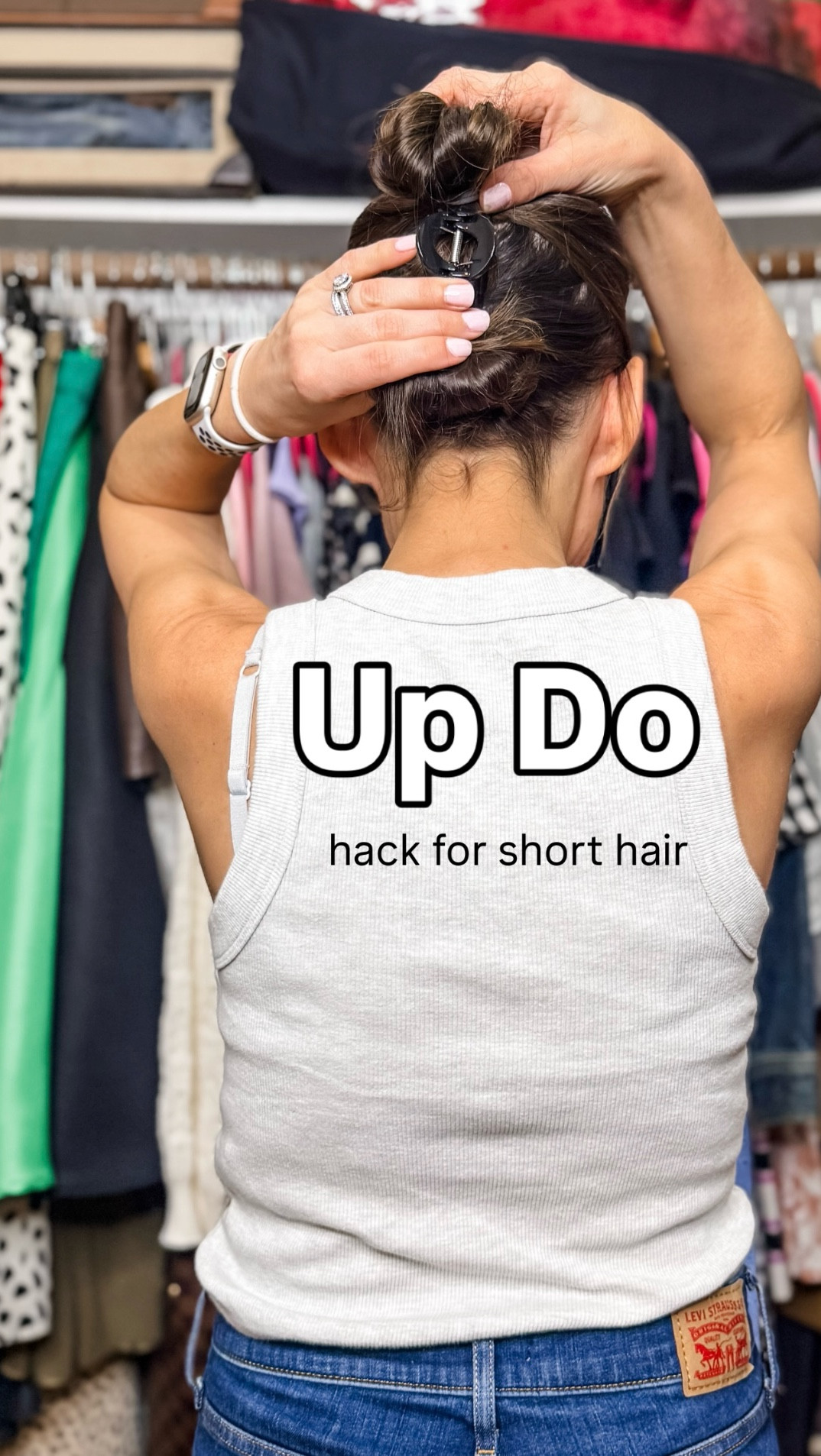 Hi! Here’s an easy way to put your hair up when your hair is short or shoulder length. 
All you need is a claw clip and a couple hair ties. 
Old Navy tank top runs tts. 
Levi’s jeans run tts. 
They were a little long. I had to have them hemmed. I’m 5’0. 
Petite style 
Hair style 
Easy up do

#LTKPetite #LTKOver40 #LTKBeauty
