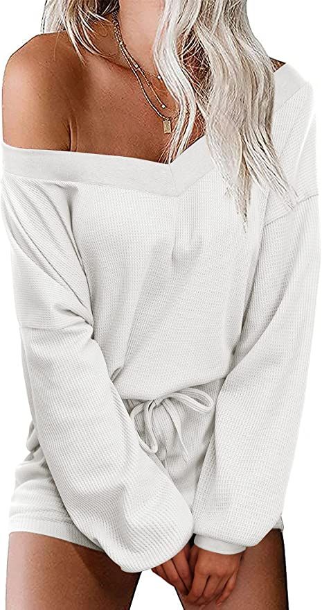 Ekouaer Womens Pajama Set Waffle Knit Lounge Set V Neck Off Shoulder Sleepwear Long Sleeve Top an... | Amazon (US)
