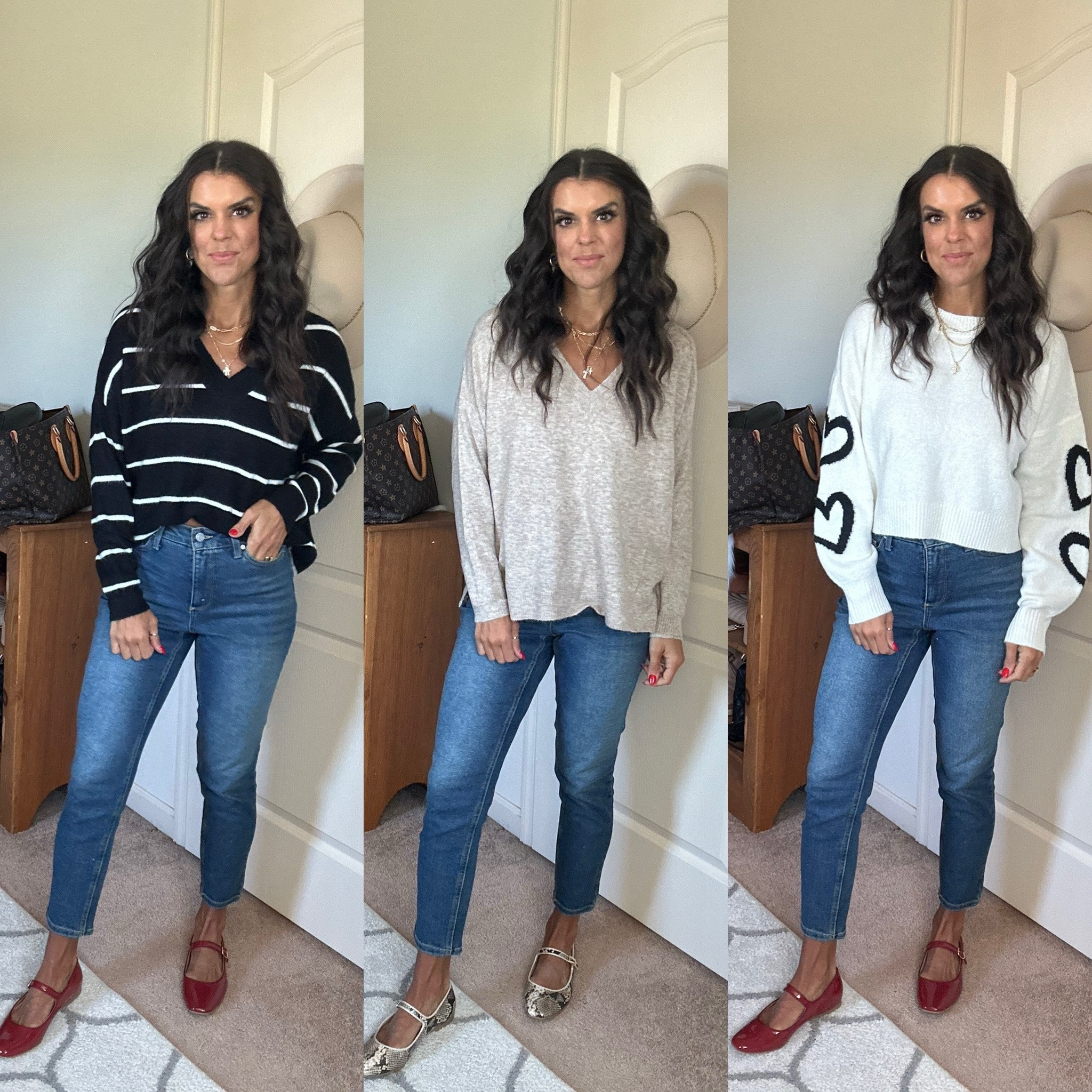 Size small in first two sweaters, size medium in third. Size 2 in jeans 

#LTKStyleTip #LTKFindsUnder100 #LTKSeasonal