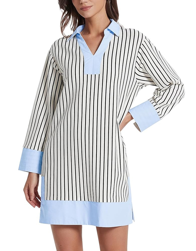 Kedera Women's Summer Striped Dress Long Sleeve V Neck Collared Shirt Mini Dresses 2025 Trendy wi... | Amazon (US)