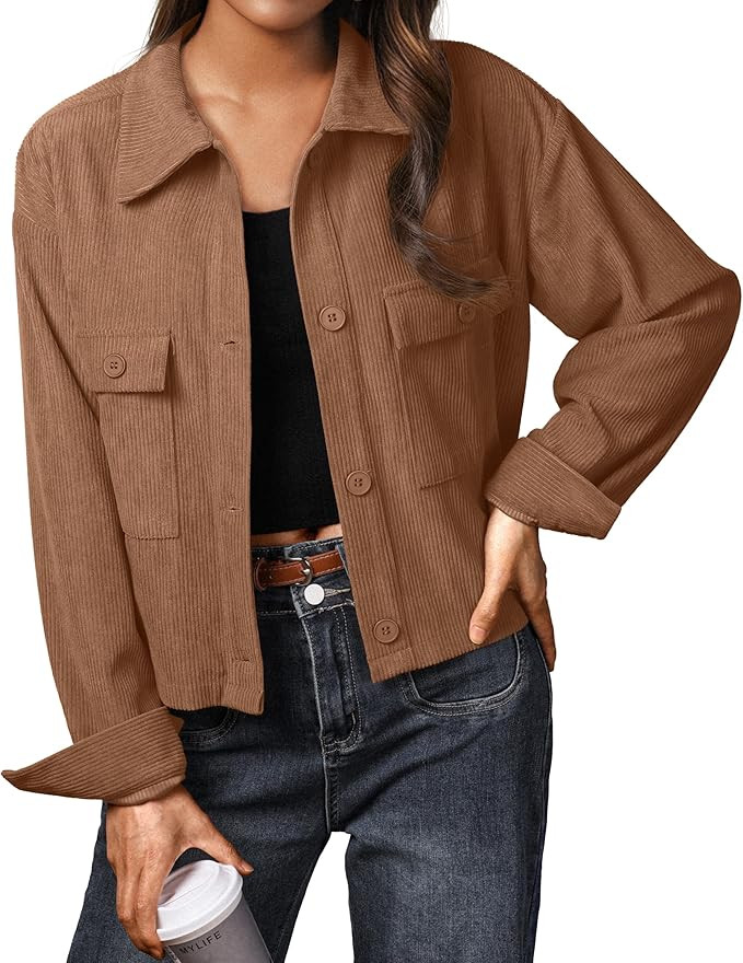 IWOLLENCE Women's Cropped Shacket Jacket Fashion Button Down Corduroy Shacket Jackets Casual Crop... | Amazon (US)