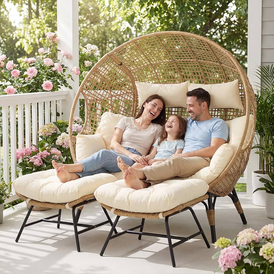 NICESOUL Stationary Egg Chair Indoor Outdoor Wicker Oversized Thick Cushions Egg Shaped Loveseat ... | Amazon (US)
