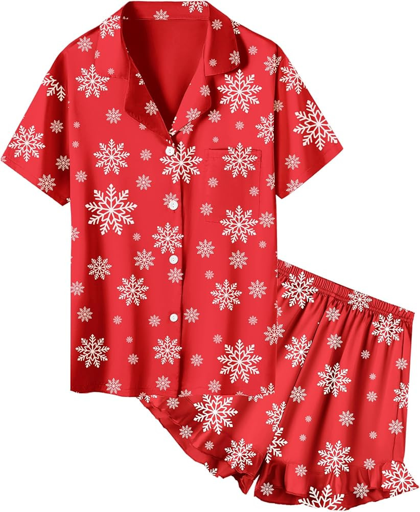 QZH.DUAO Girls Satin Pajamas Set Button Down Silk 2 Piece Pj Sets Ruffle Short Sleeve Sleepwear | Amazon (US)