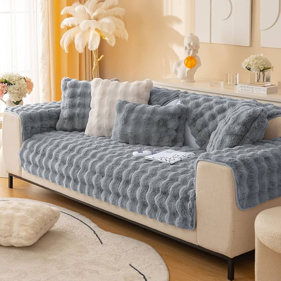 Soft Warm Faux Fur Couch Sofa Cover Thick Shaggy Fuzzy Sectional Couch Cover Non-Slip Solid Color... | Amazon (US)