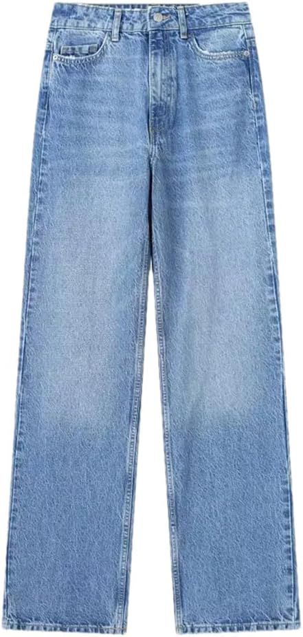 Dndrdhfb Women's High Waist Jeans Blue Straight Denim Trousers Autumn Zip Fly Trousers | Amazon (US)