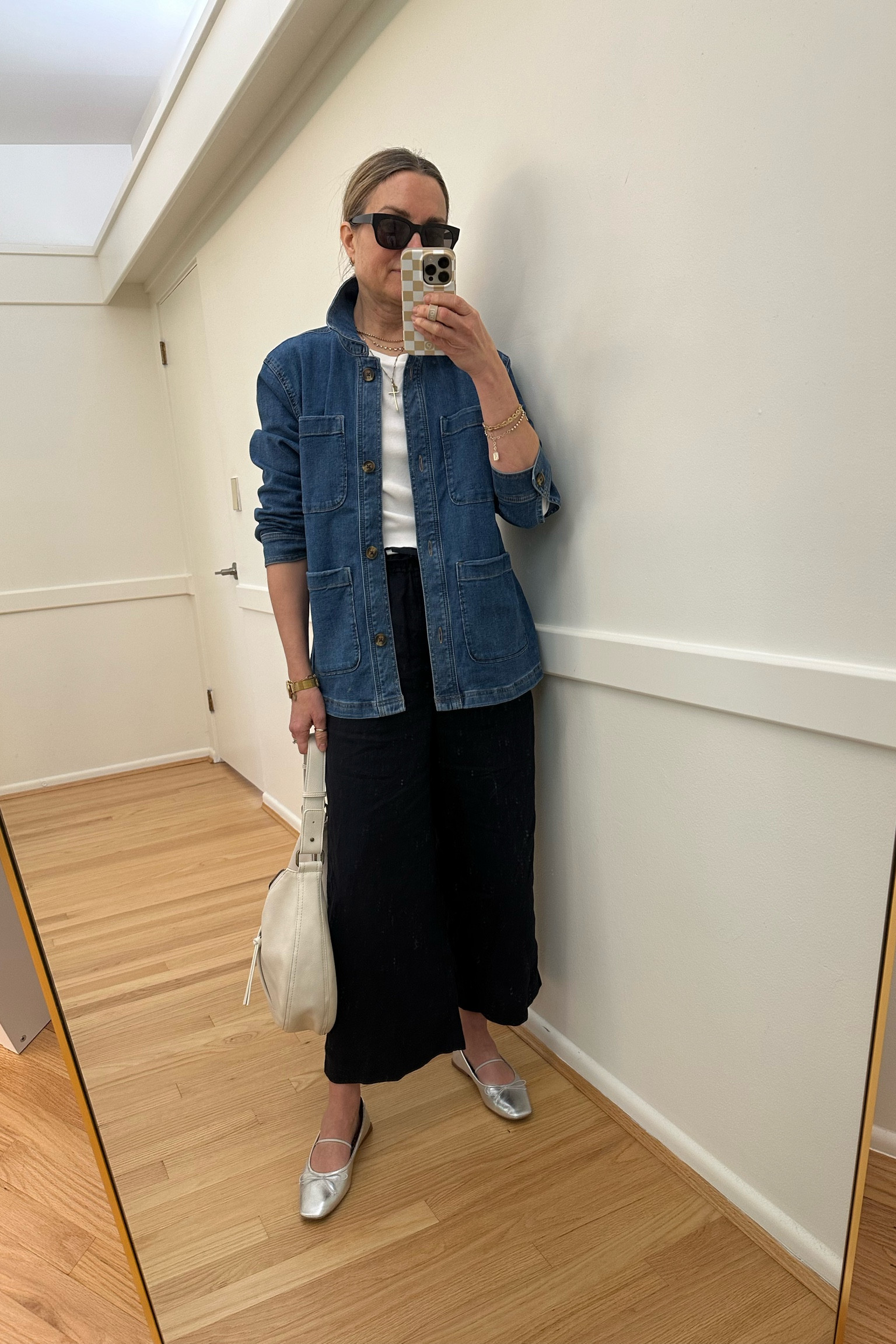 Church outfit! Denim shacket, long sleeve white tee, navy linen wide leg crop pants, silver flats, slouchy bag, kohls, gap, splendid. Spring outfit, work outfit, travel outfit 

#LTKfindsunder50 #LTKtravel #LTKworkwear