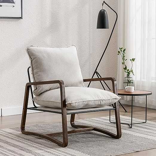 QUINJAY Mid Century Modern Accent Chair, Linen Upholstered Lounge Chair with Wood Arm, Single Liv... | Amazon (US)
