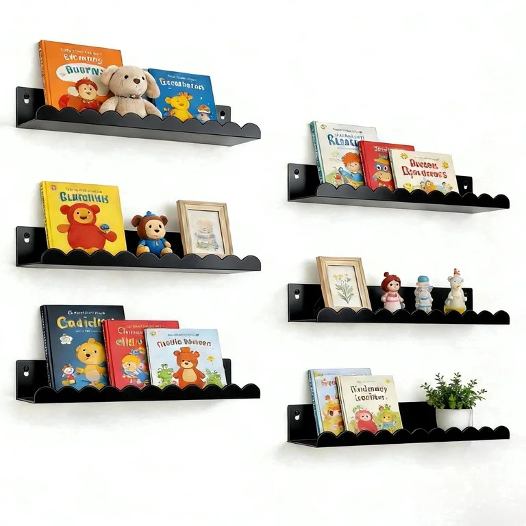 6-Piece Black Metal Floating Shelves, 16" Modern Wall  Nursery Bookshelf Display Organizer for Li... | Walmart (US)