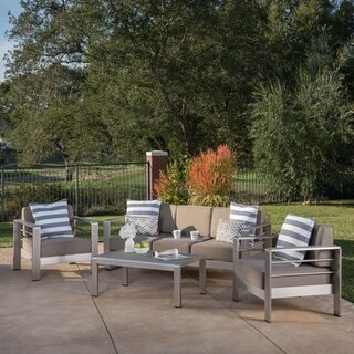 Cape Coral Outdoor Aluminum 4-piece Chat Set with Cushion by Christopher Knight Home (Silver) | Bed Bath & Beyond