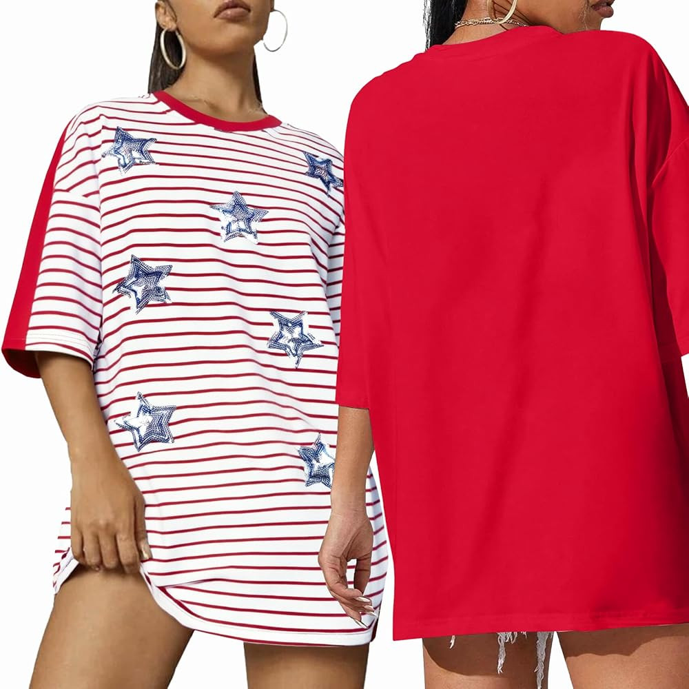 American Flag Stripe Shirt for Women 4th of July T Shirts USA Flag Tees Patriotic Sequin Stars Ov... | Amazon (US)