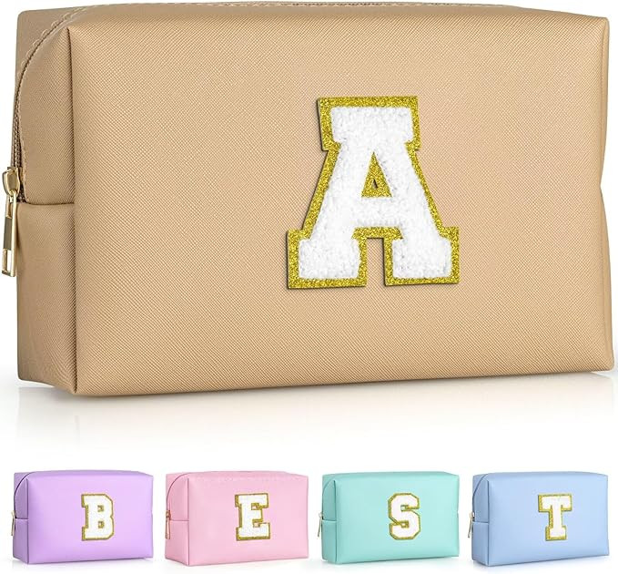 TOPEAST Preppy Makeup Bag, Personalized Initial Bags with Zipper, Cute Makeup Pouch, PU Leather W... | Amazon (US)
