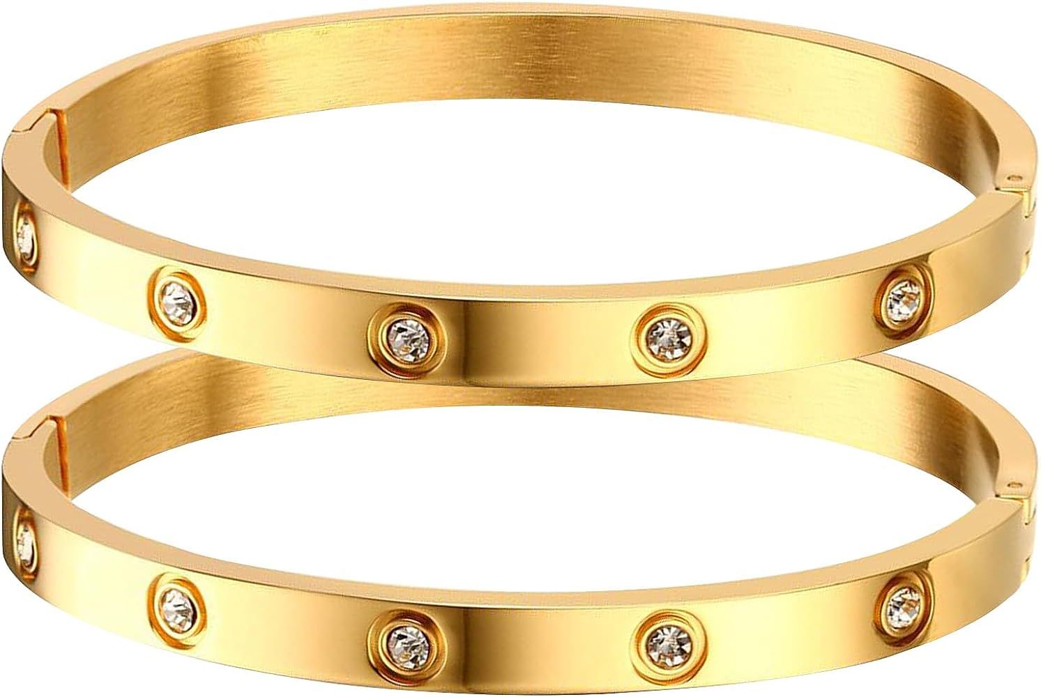 Gold Bracelets for Women - 2Pcs 18K Gold Plated Love Cubic Zirconia Bangle Crystal Friendship Bra... | Amazon (US)