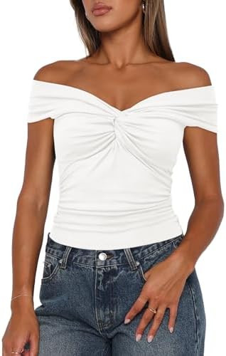 Darong Women's Off Shoulder Summer Y2K T-Shirt | twist knot front, V neck, slim fit, basic Y2K te... | Amazon (US)
