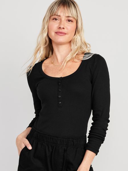 Fitted Rib-Knit Henley T-Shirt for Women | Old Navy (US)