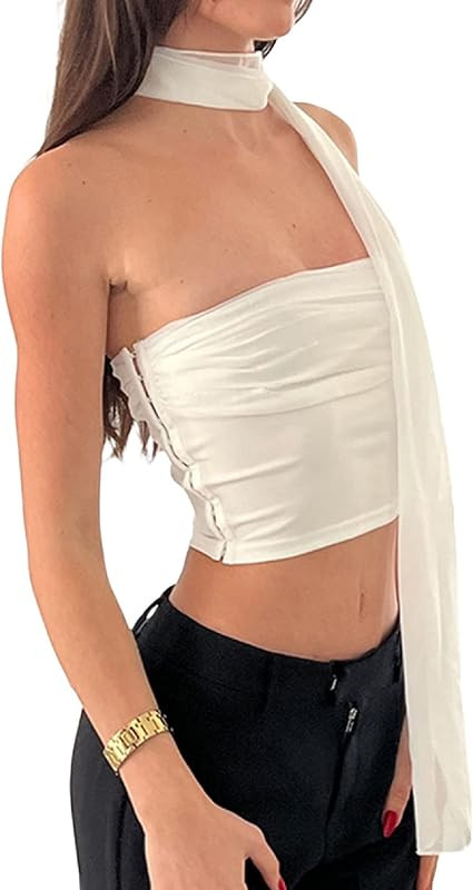 KMBANGI Floral Sexy Tank Top Women Y2k Ruffles Frill Halter Crop Tops Sleeveless Off Shoulder Bac... | Amazon (US)