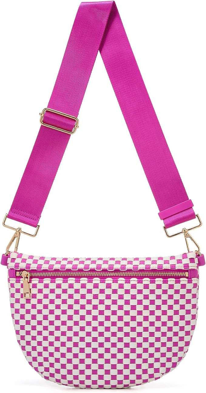Woven Crossbody Bags For Women, Checkered Fashion PU Bum Bag Waist Pack, Travel Sling Purse with ... | Amazon (US)