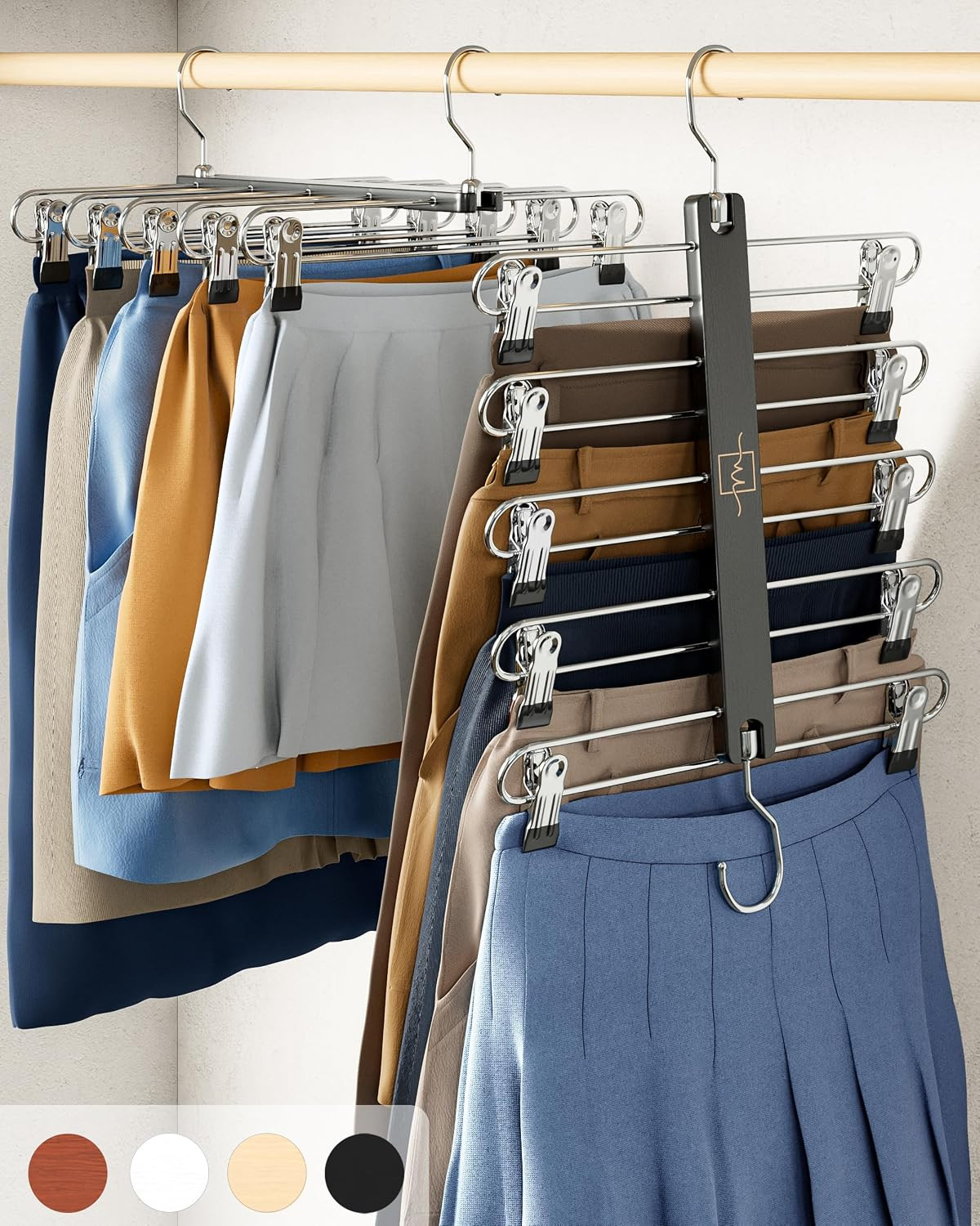 Skirt Hangers Space Saving with Clips - 2 Pack - European Beechwood 5-Tier Hanger for Shorts, Skirts, and Pants - Closet Organizer and Storage Solution for Women with 360° Swivel Hook | Amazon (US)