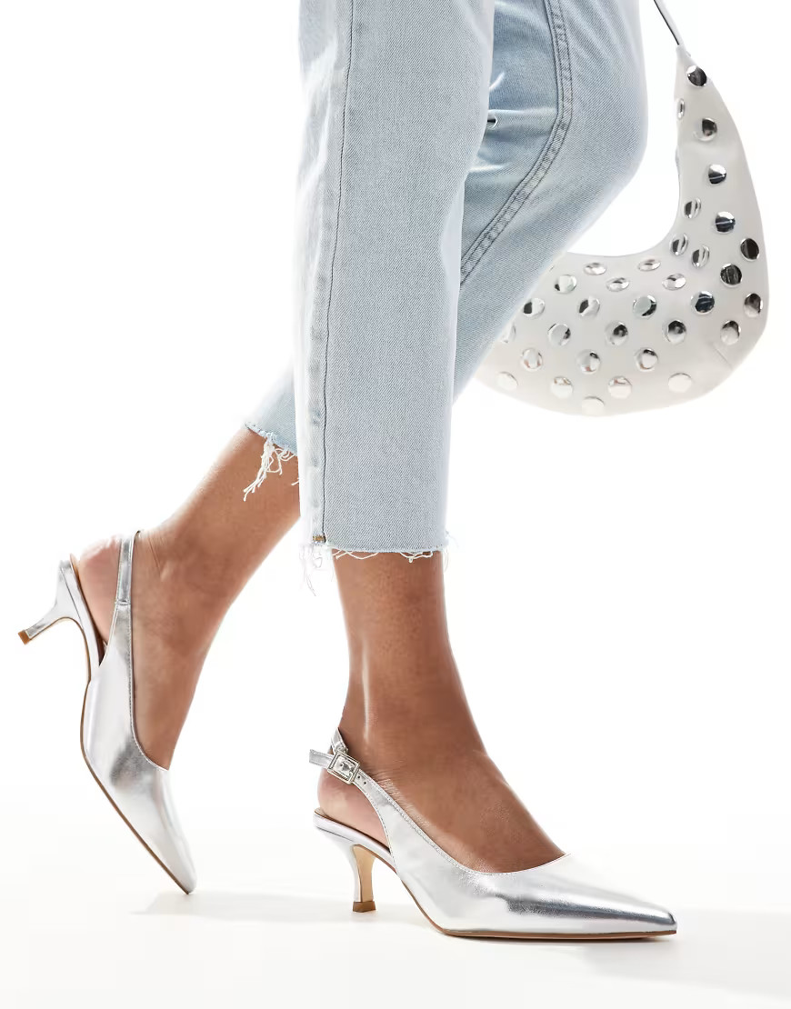 SEQWL pointed slingback kitten heel shoes in silver | ASOS (Global)