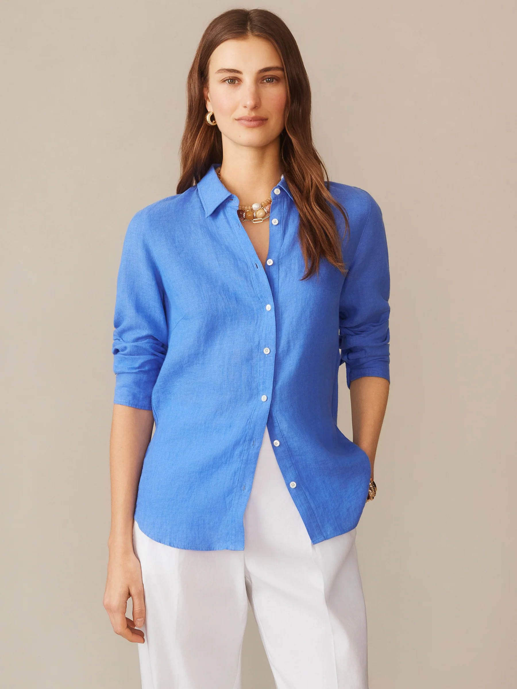 French_Blue Solid Britt Linen Shirt   | Women's Tops | J.McLaughlin | J.McLaughlin
