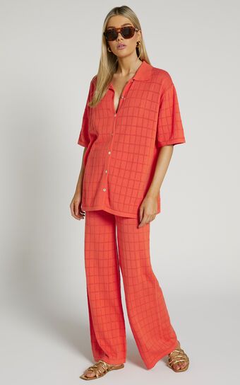 Tommy Two Piece Set - Knit Button Through Top and Pants Two Piece Set in Coral | Showpo (ANZ)