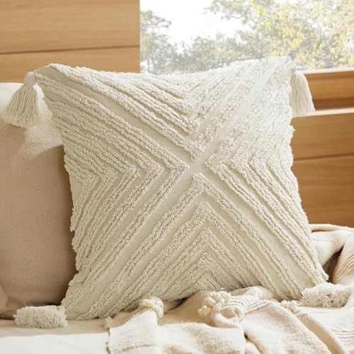 Bedsure Boho Throw Pillow Covers 18x18, Tufted Decorative Pillow Cover - 100% Cotton Modern Elegant Luxury Woven Pillow Cover, Home Decor for Sofa Couch Bed, Beige | Amazon (US)