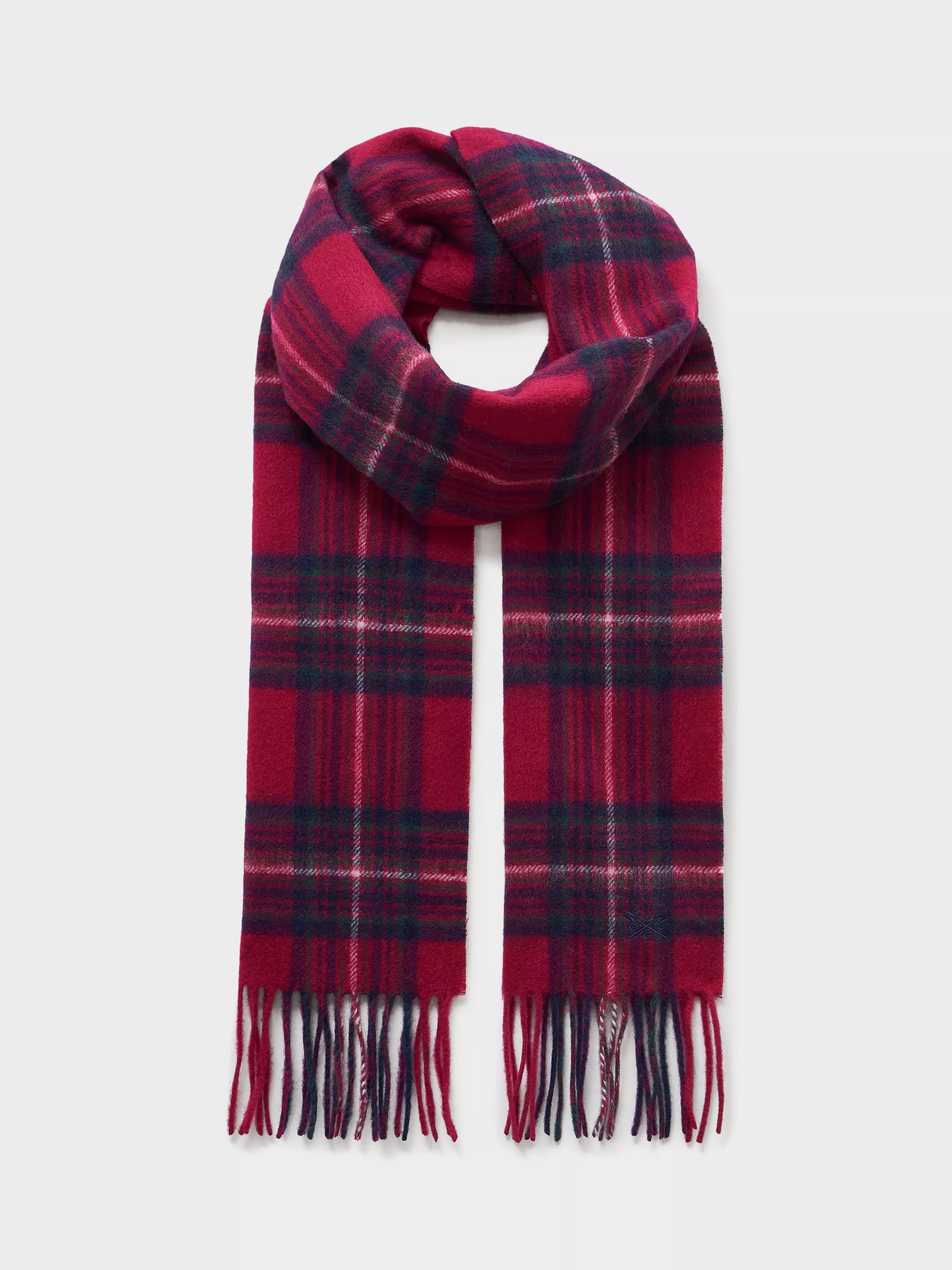 Crew Clothing Check Pure Wool Scarf, Red Wine | John Lewis (UK)