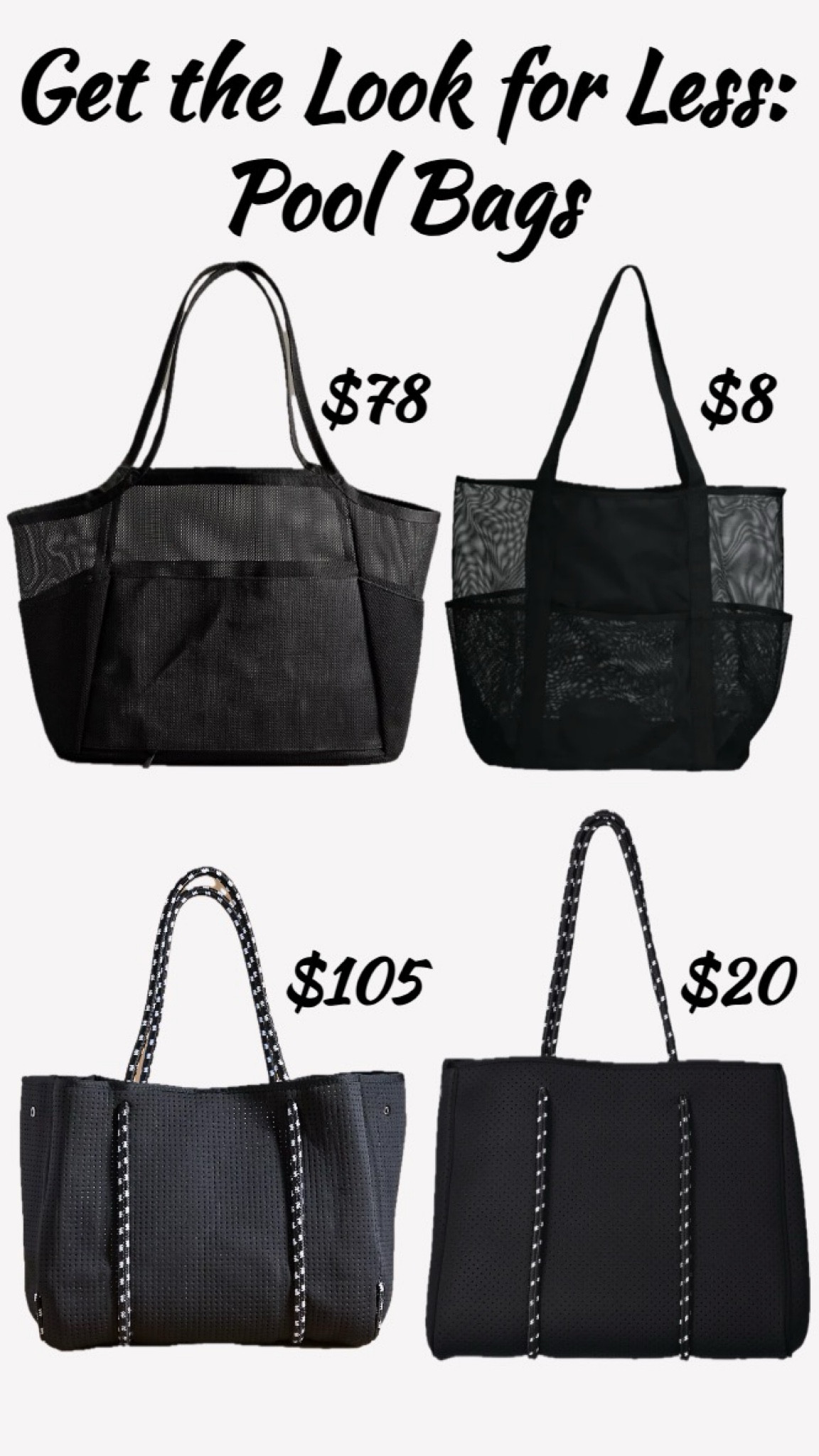 Get the Look for Less: pool bags! The beis bag is so similar to this Walmart option that’s under $10! Also the neoprene bags are so cute and functional, and the Walmart version comes with a matching zippered pouch. 
………………
beis dupe anthropologie dupe neoprene tote mesh tote pool tote pool day essentials pool day bag swim bag beach bag beach tote beach Anthropologie purse anthropologie tote mesh bag Béis tote béis travel bag travel tote travel bag large tote bag large bag bag under $10 purse under $20 tote under $20 tote under $10 mom bag mom tote mom purse summer essentials summer accessories 

#LTKSwim #LTKKids #LTKFamily