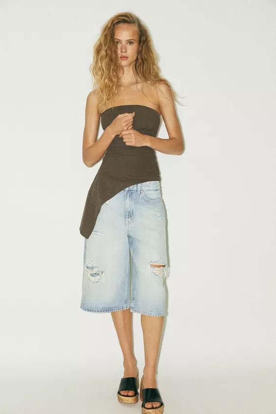 TEXTURED BANDEAU TOP Dark khaki Black White | Zara US