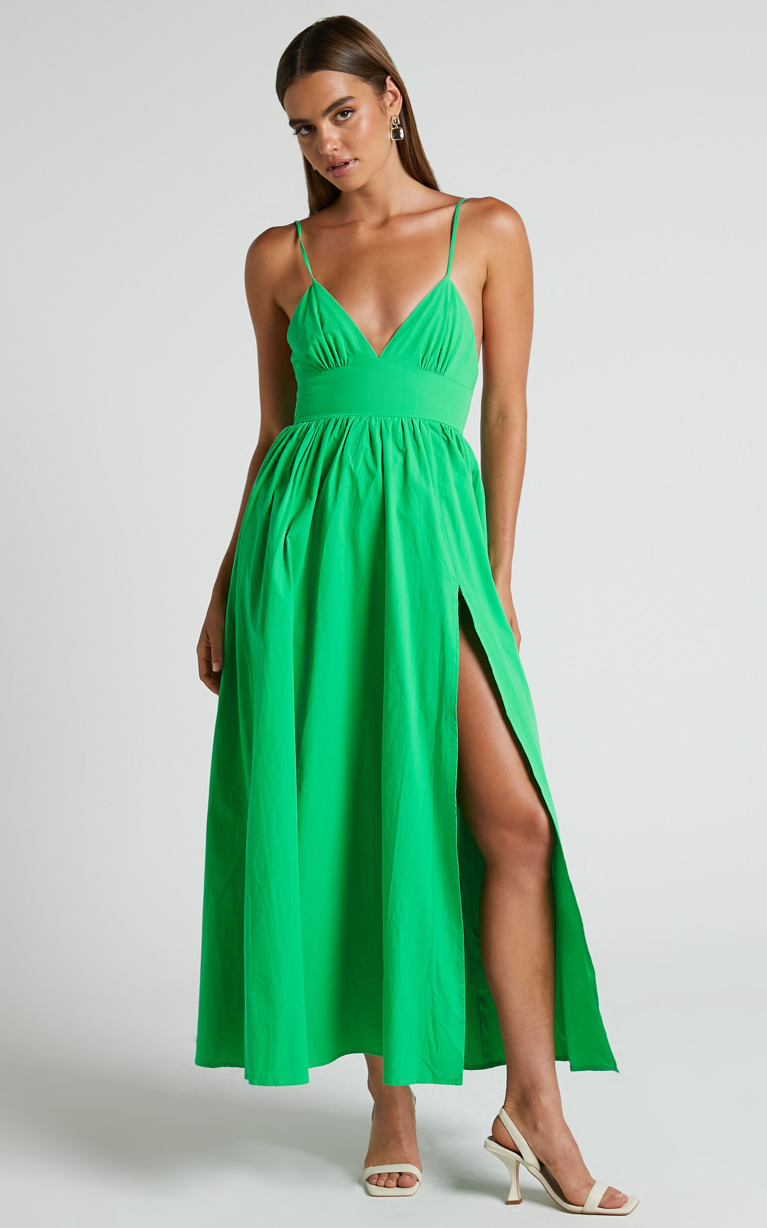Haydie Maxi Dress - V Neck Thigh Split Dress in Green | Showpo (US, UK & Europe)
