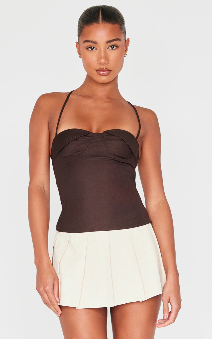 Chocolate Woven Bust Detail Cross Strap Long Top | PrettyLittleThing UK