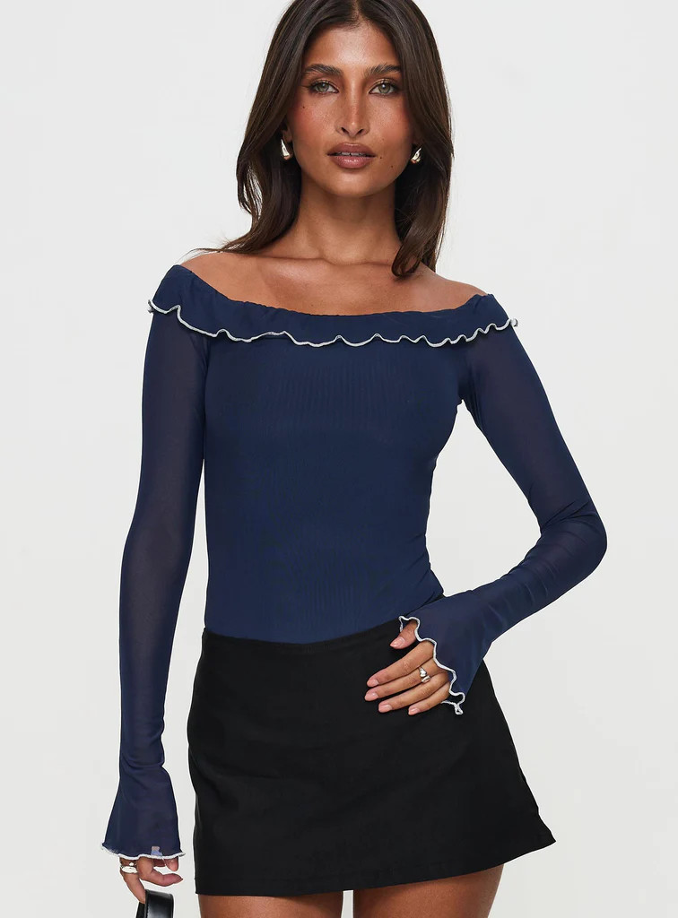 Arsema Off The Shoulder Bodysuit Navy | Princess Polly US