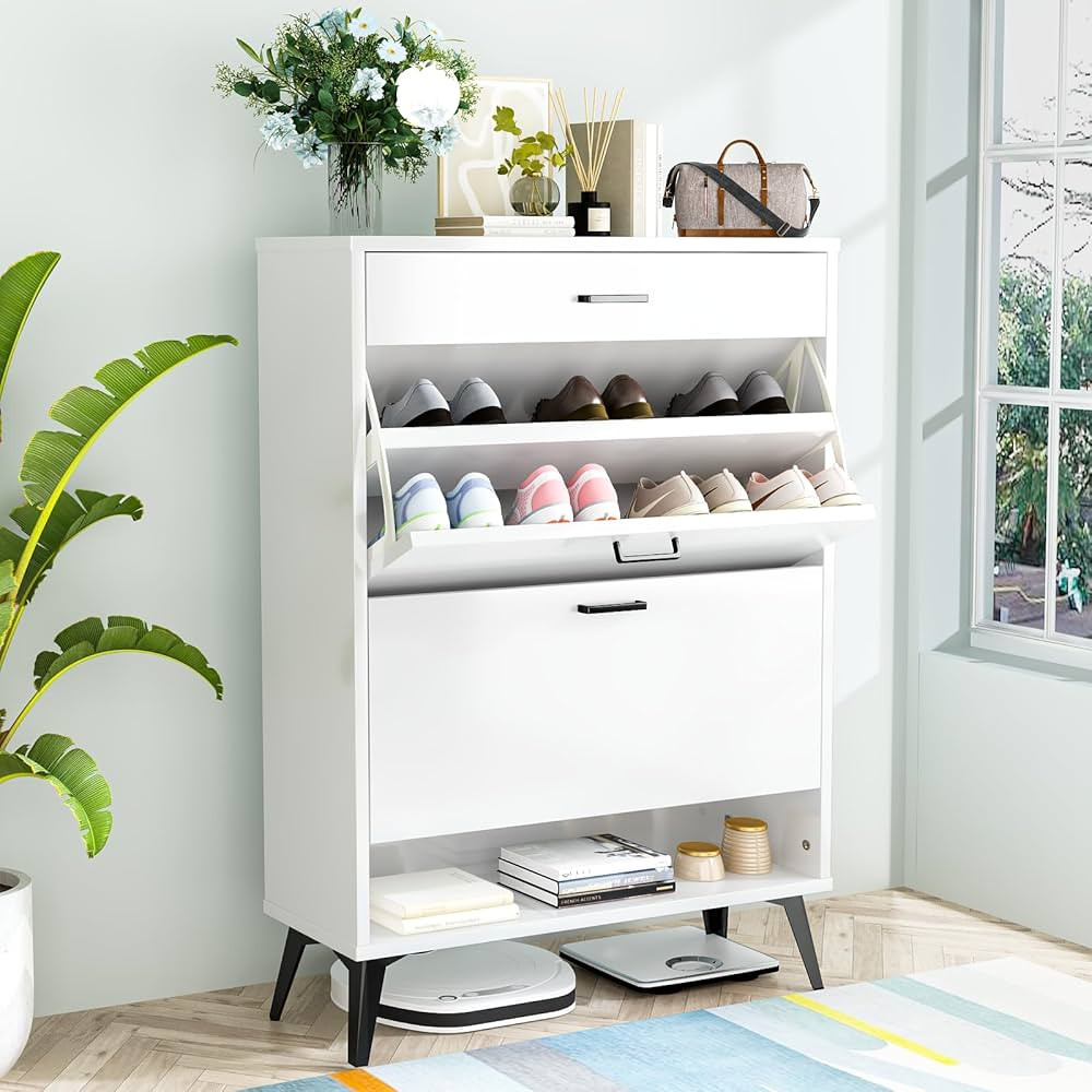 AWQM Shoe Storage Cabinet for Entryway, Free Standing Shoe Organizer with 2 Flip Drawers，Hidden... | Amazon (US)