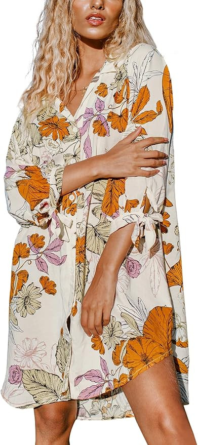 CUPSHE Women Mini Summer Dress Cover Up Floral Shirt 3/4 Sleeve Cuff Tie Button Down Sundress Bea... | Amazon (US)