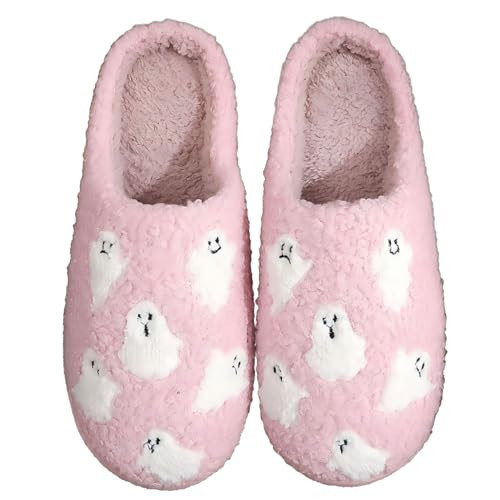 Women's Men's Halloween Ghost Slippers Cute Funny Home Slippers Fluffy Comfort Slip On House Shoes Pink 43-44 | Amazon (US)