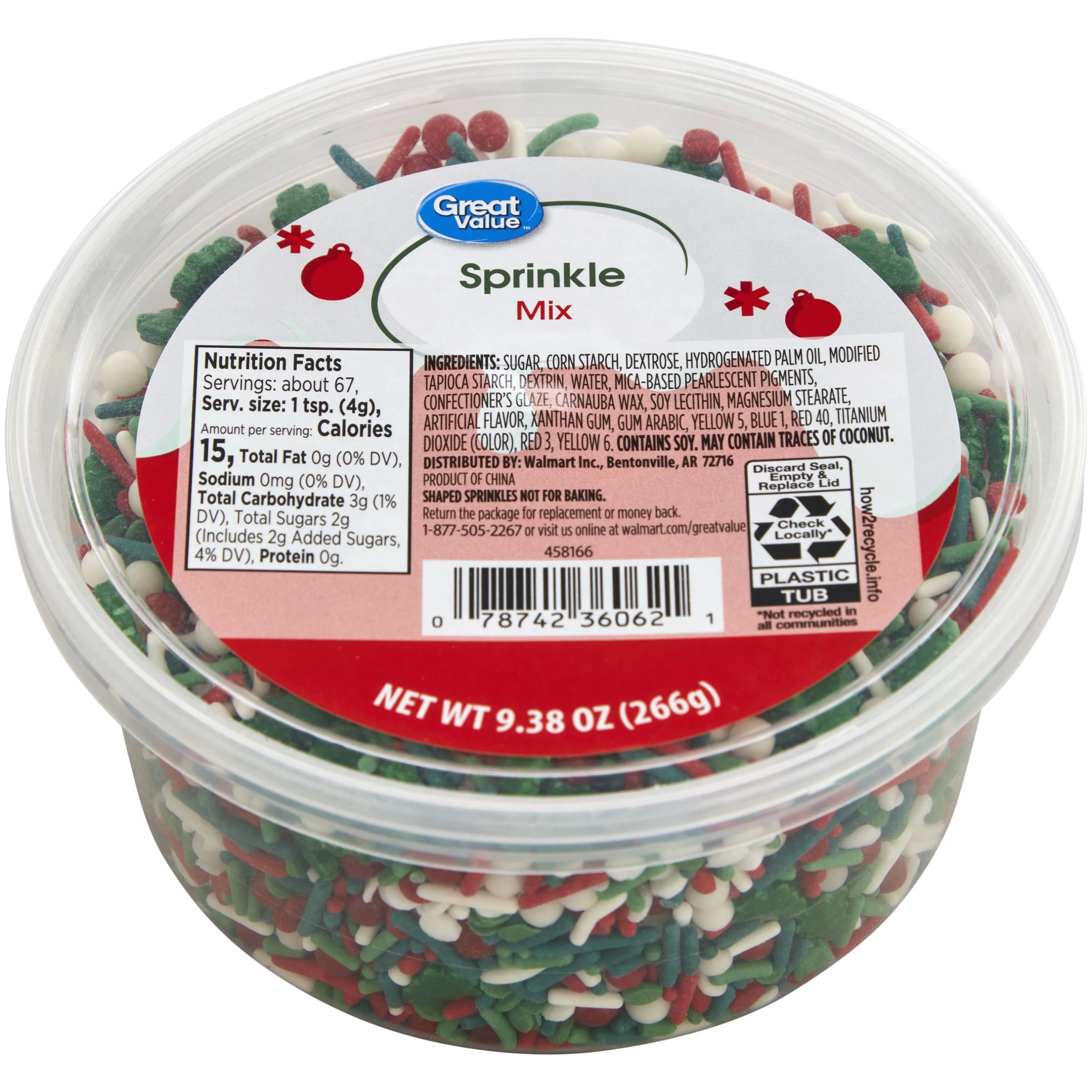 Great Value Christmas Tree Sprinkles Mix, Red, Green and White Decorations for Desserts, 9.38 oz. | Walmart (US)
