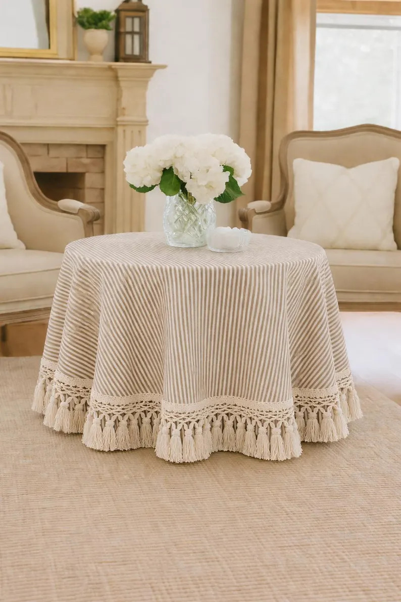Ticking Stripe Round Tablecloth With Knotted Bullion Fringe, Table-cloth, Table Linen, Skirted Ta... | Etsy (US)