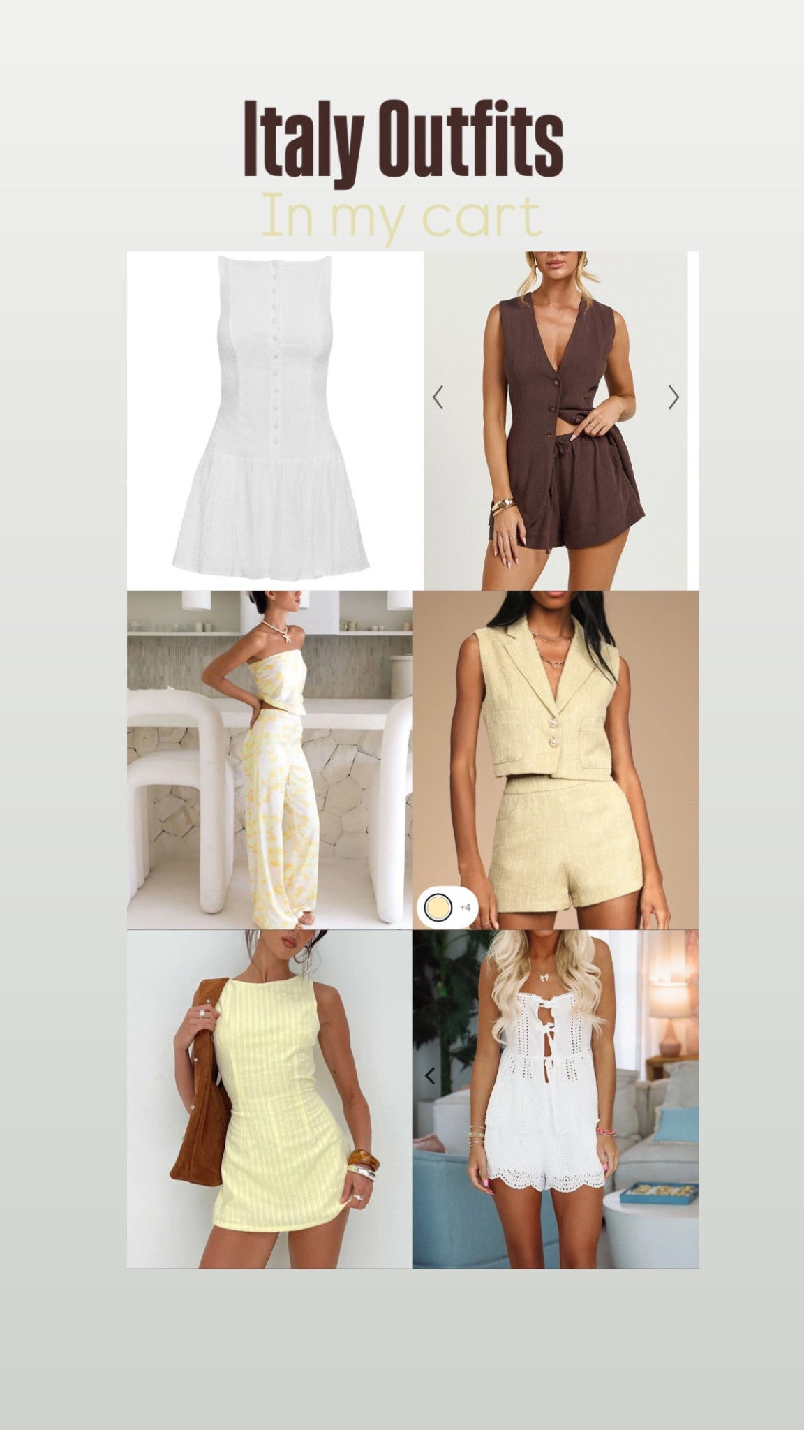 Outfits for Italy in my cart! 🍋

Travel 
Fun 
Europe 
Vacation 
Warm weather 
Sunshine 
Set 
Dress 
Yellow 
White 
Brown 

#LTKSummerEdit #LTKU #LTKTravel