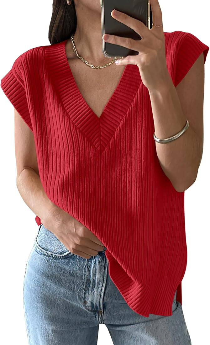 ANRABESS Womens V Neck Sweater Vest Oversized Sleeveless Tops Casual Ribbed Knit Loose 2024 Summe... | Amazon (US)