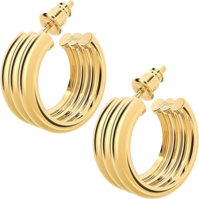 BFAIRY 14K Gold Plated  Post  Chunky Open Hoops for Women | Trendy Gold Hoop Earrings in Yellow G... | Amazon (US)