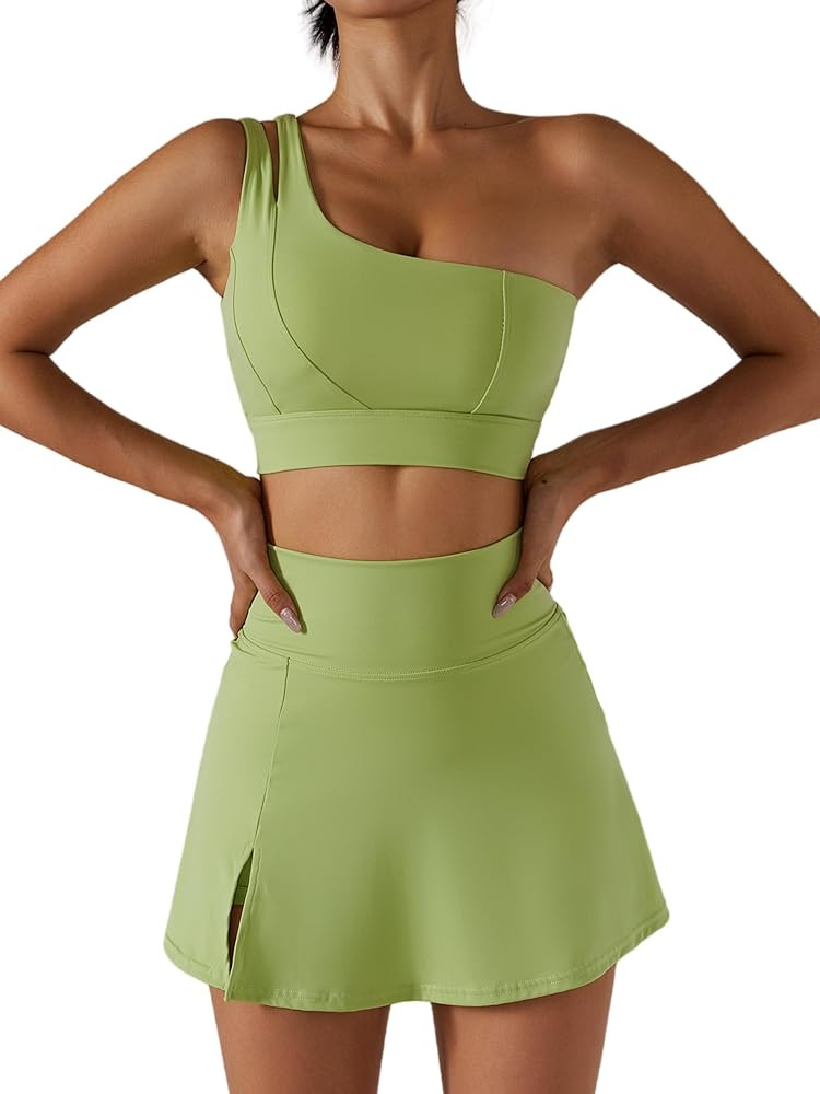 Women's Tennis Skirts Sport Bra Sets High Waisted Golf Skorts Skirt One Shoulder Sports Bra Runni... | Amazon (US)