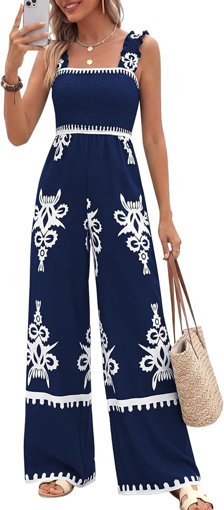 PRETTYGARDEN Womens Jumpsuit Casual One Piece Boho Summer Outfits Shirred Strap Wide Leg Long Pan... | Amazon (US)