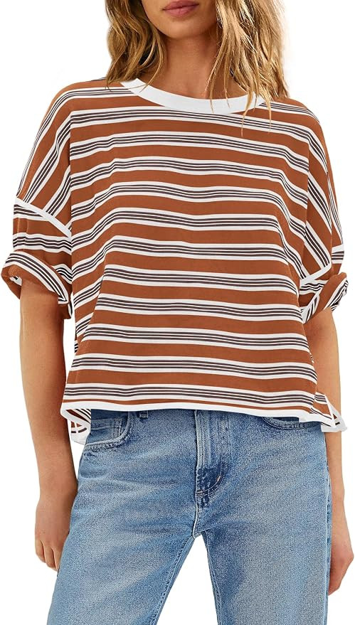 Panadila Womens Striped Shirt Short Sleeve Tops Summer Casual Oversized Tshirts Crew Neck Boxy Te... | Amazon (US)