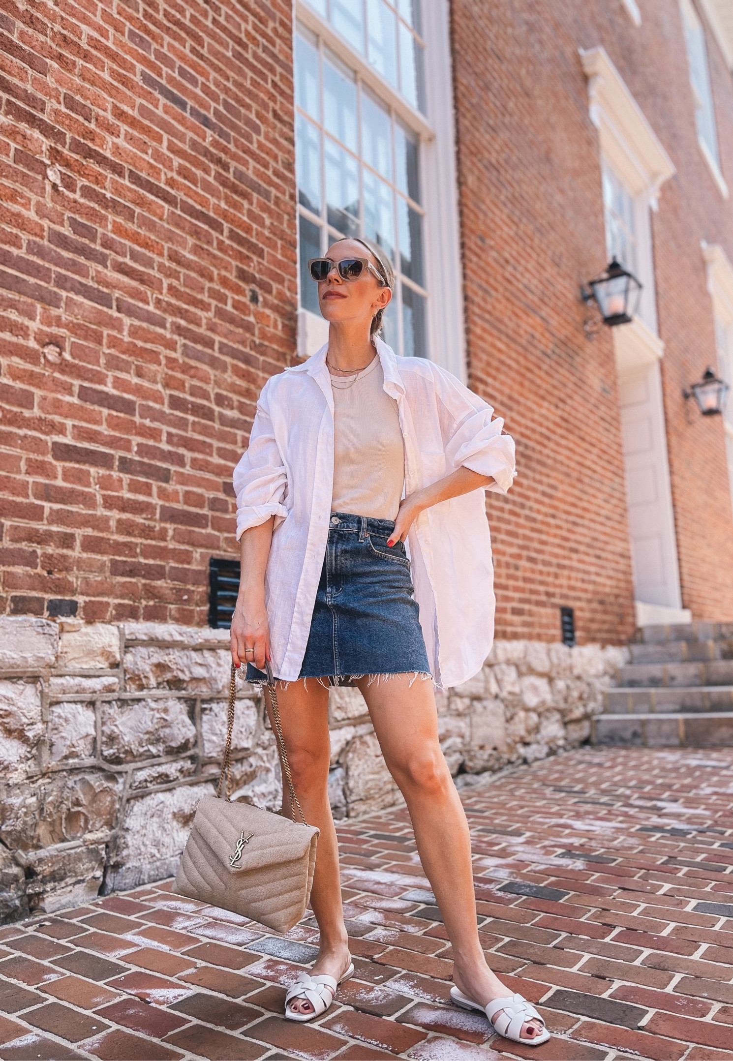 Vacation outfit, denim mini skirt, linen shirt, white slide sandals 

#LTKunder50 #LTKshoecrush #LTKstyletip