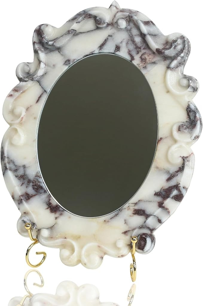 Marble Vintage Makeup Mirror with Stand, Oval Antique Vanity Mirror for Dresser, Baroque Tabletop... | Amazon (US)