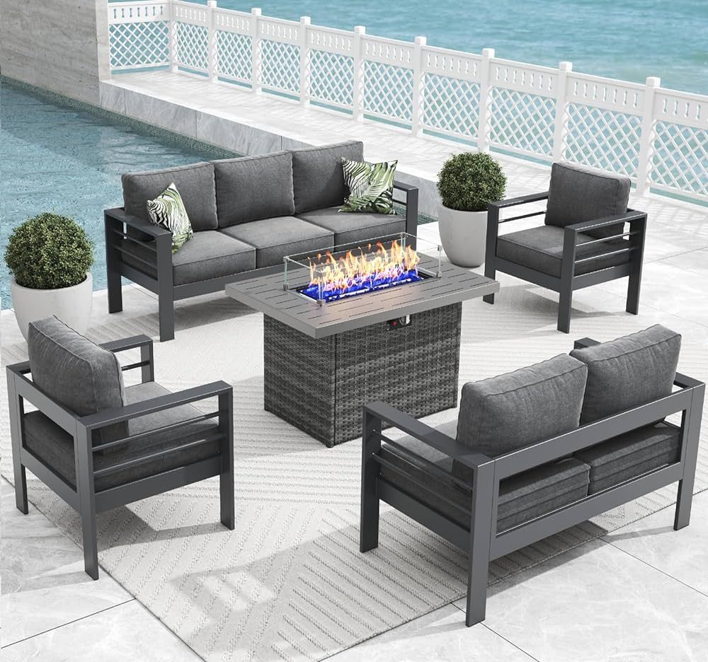 5 Pieces Modern Aluminum Patio Furniture Set with Fire Pit Table, Outdoor Conversation Sets Metal... | Amazon (US)