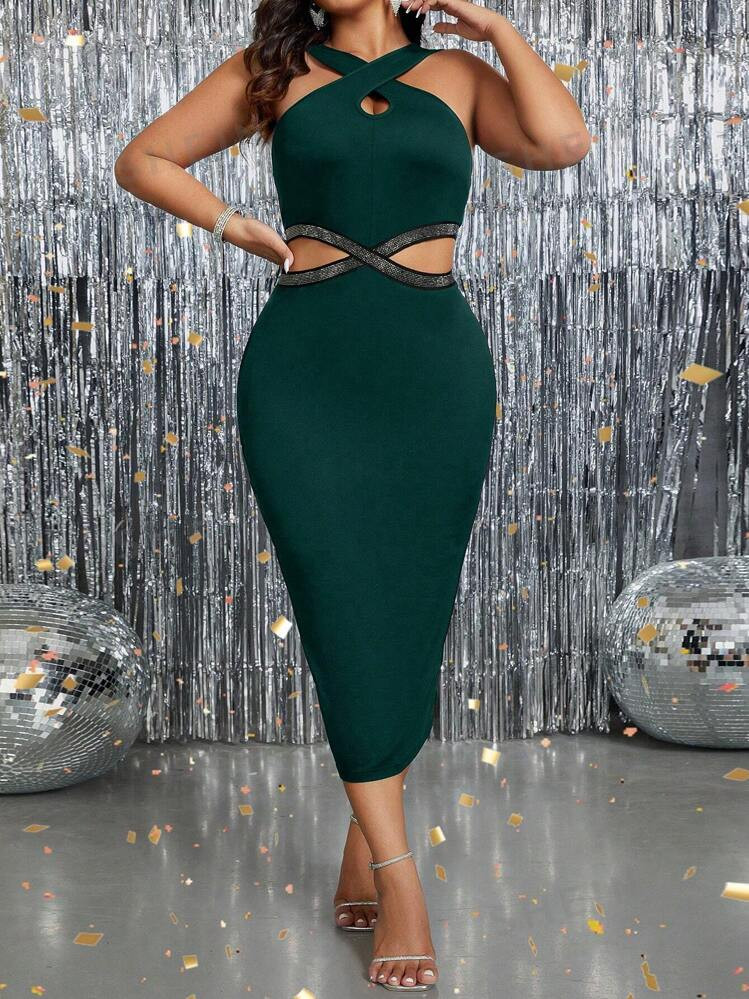 SHEIN Clasi Plus Size Solid Color Criss Cross Halter Hollow Elegant Bodycon Sleeveless Dress, Wom... | SHEIN