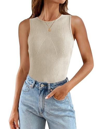 ZESICA Womens Ribbed Tank Tops 2024 Summer Sleeveless High Neck Casual Slim Fitted Basic Knit Shirts | Amazon (US)