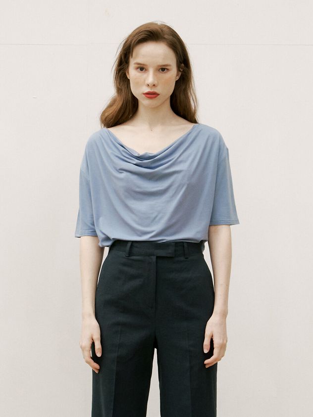 Graceful Cowl Neck Drape Short Sleeve T Shirts (Antique Blue) | W Concept (US)